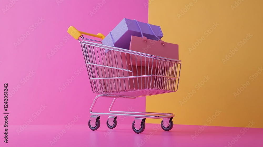 Aufkleber 3d rendering of a shopping cart filled with presents on a pink and yellow backdrop