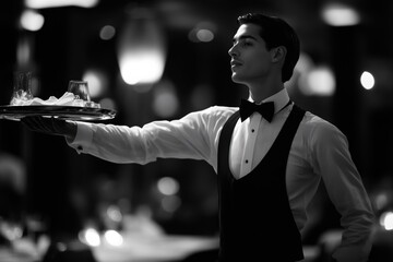 Waiter skillfully balancing a tray of drinks and food while moving gracefully through a busy restaurant © Dream maker