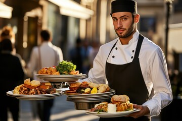 Waiter skillfully balancing a tray of drinks and food while moving gracefully through a busy restaurant © Dream maker