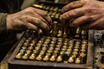 Workers assembling cartridges with precision, inserting bullets into casings in a well-equipped workshop © Dream maker