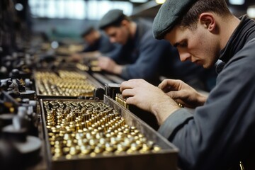 Workers assembling cartridges with precision, inserting bullets into casings in a well-equipped workshop © Dream maker