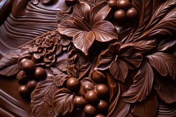 Intricate chocolate sculpture showcases detailed carving technique and artistic skill in confectionery design
