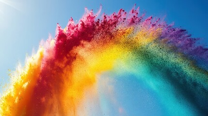 Fototapeta premium Colorful Powder Thrown Into the Air Creating a Rainbow-Colored Arc Against a Sunny Sky