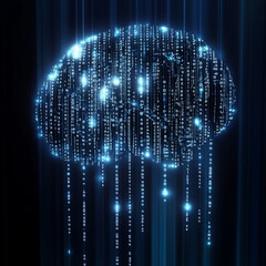 Futuristic glowing blue digital brain composed of interconnected light particles, symbolizing artificial intelligence, machine learning, and advanced technology