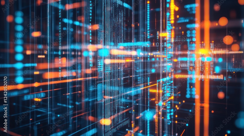 Poster abstract data flow; lights glow in a grid network, used for science, tech or digital background, or 