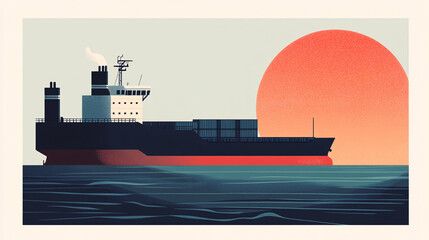 Obraz premium A large cargo ship sails across calm waters at sunset in a minimalist digital illustration 