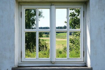 Fototapeta premium Casement window installation highlighting crank mechanism and sealing techniques in a classic architecture setting