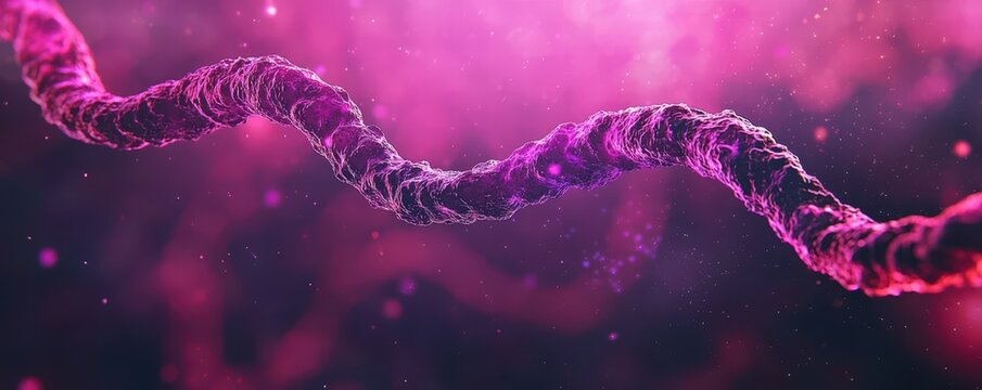 A vibrant, abstract depiction of a twisted structure set against a colorful cosmic background, evoking themes of molecular biology and the universe.