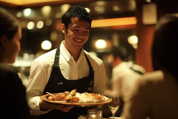 Waiter serving food to guests in a casual dining setting with a friendly interaction during the evening hours