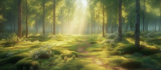 Fototapeta premium Serene forest scene with sun rays illuminating a lush green path surrounded by vibrant foliage
