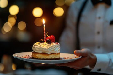 Waiter delivering a birthday dessert with candle to a guest in a cozy dining setting for a special celebration © Dream maker