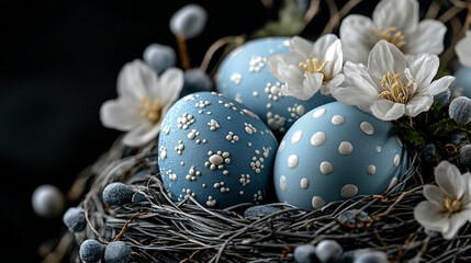 Obraz premium Elegant Linen Background with Pastel Easter Eggs and Spring Flowers