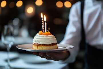Waiter delivering a birthday dessert with candle to a guest in a cozy dining setting for a special celebration
