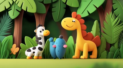 Naklejka premium Colorful Cartoon Jungle Scene with Cute Animal Characters