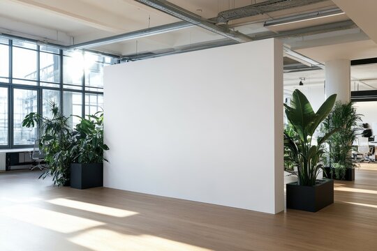 Large blank white wall in modern office with plants and sunlight.