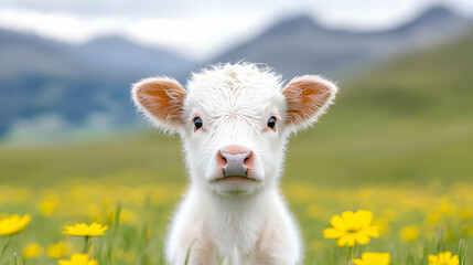 Obraz premium Calf in yellow flower field, mountains background, spring