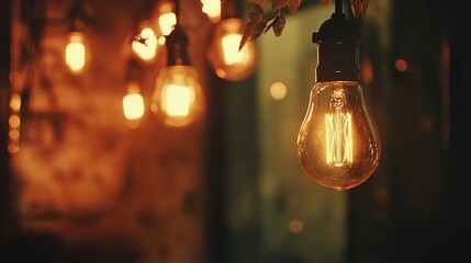 Close-up of vintage-style light bulbs hanging, casting a warm glow against a softly focused background of out-of-focus teal and amber bokeh.