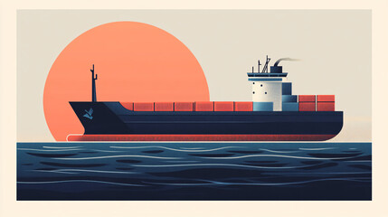 Obraz premium A stylized cargo ship sails across the ocean with a large orange sun in the background creating a minimal and modern illustration