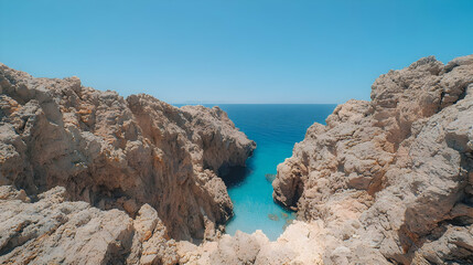 Secluded cove, turquoise water, rocky cliffs, summer day, travel photography