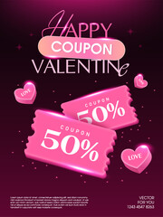 3d cute valentine coupon with flying hearts icon flying around, isolated on dark pink background. Valentine gift voucher with coupon code, percent price off. Vector icon. Vector illustration