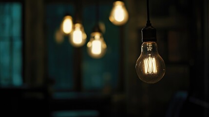 Close-up of vintage-style light bulbs hanging, casting a warm glow against a softly focused background of out-of-focus teal and amber bokeh.