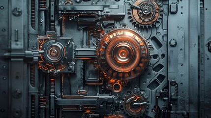 Fototapeta premium Glowing gears, intricate mechanism, metallic texture, industrial background, tech design