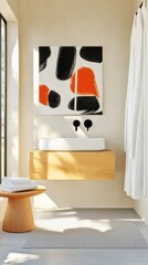 Modern Bathroom Design Featuring A Minimalist Sink, Abstract Wall Art, Functional Wooden Furniture, And Inviting Natural