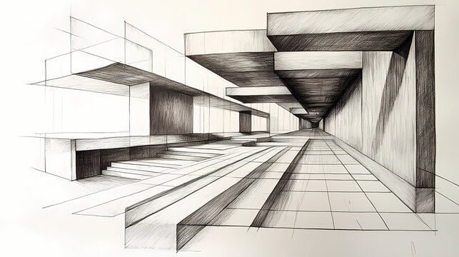 A detailed linear perspective drawing of a modern architectural space, showcasing depth and structure. Perspective Depth Techniques. Illustration