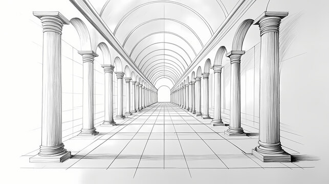A linear perspective drawing of an arched corridor with columns and a vanishing point. Perspective Depth Techniques. Illustration