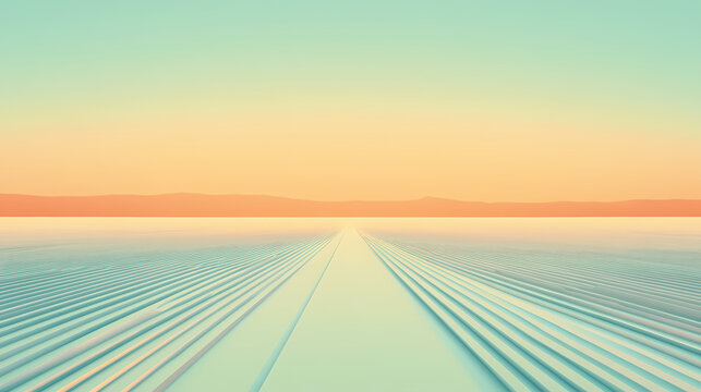 A minimalist perspective view of parallel lines converging towards the horizon, creating a sense of depth and dimension in a light-toned environment. Perspective Depth Techniques. Illustration