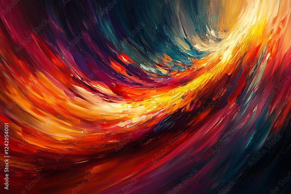 Poster a bold, painterly texture filled with bright, contrasting brushstrokes that create an energetic and 