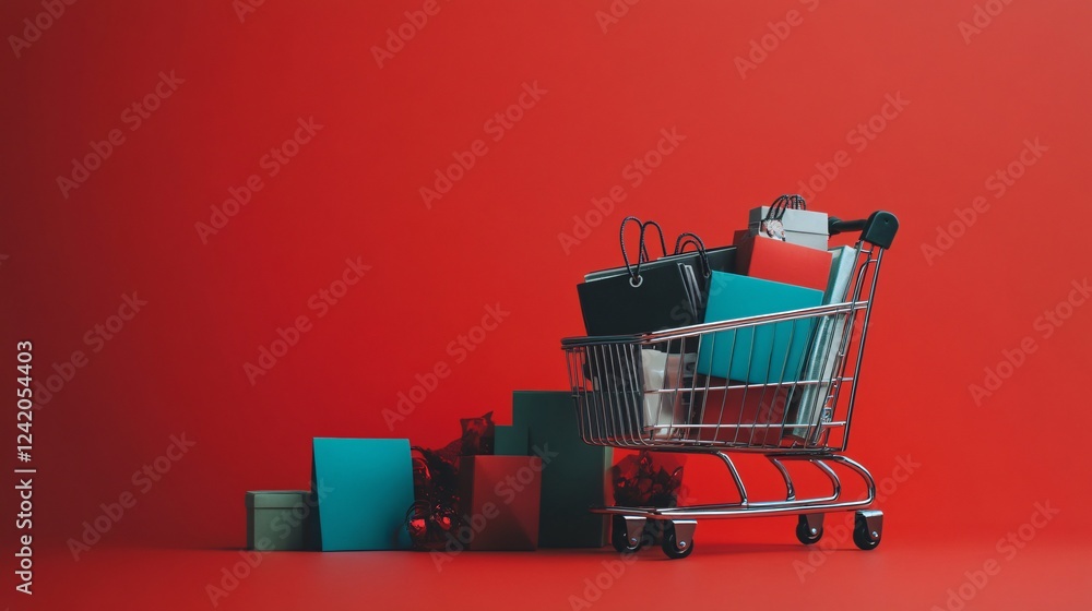 Poster paper bags and gift boxes in a shopping cart against a red background with space for text