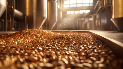 Close-up perspective of brewing malt mash with a dynamic depth of field, showcasing the moisture and texture in an artisanal beer setup. Perspective Depth Techniques. Illustration