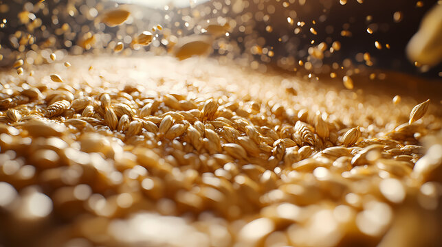 Close-up perspective of brewing malt mash with a dynamic depth of field, showcasing the moisture and texture in an artisanal beer setup. Perspective Depth Techniques. Illustration