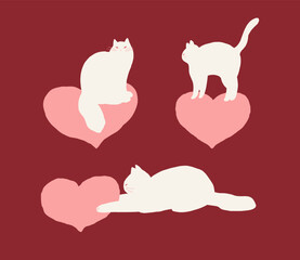 Whimsical cats with heart elements. Naive hand-drawn illustration. St.Valentine's Day and love theme. Flat vector elements isolated on white background