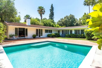 Fototapeta premium Sunny suburban home with inviting swimming pool and lush greenery for real estate advertising and promotion.