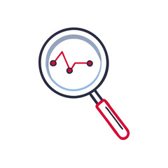Magnifying glass icon graphic design featuring line graph in blue and red colors