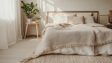 A bedroom with a white bed and a white blanket