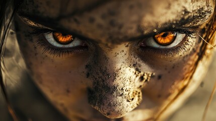 Close-up portrait of a fierce futuristic woman with orange eyes and fiery red hair.