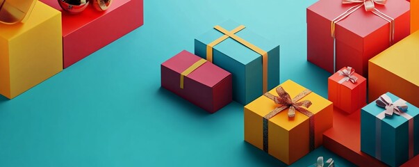 Vibrant blue surface adorned with colorful gift boxes and shiny ribbons