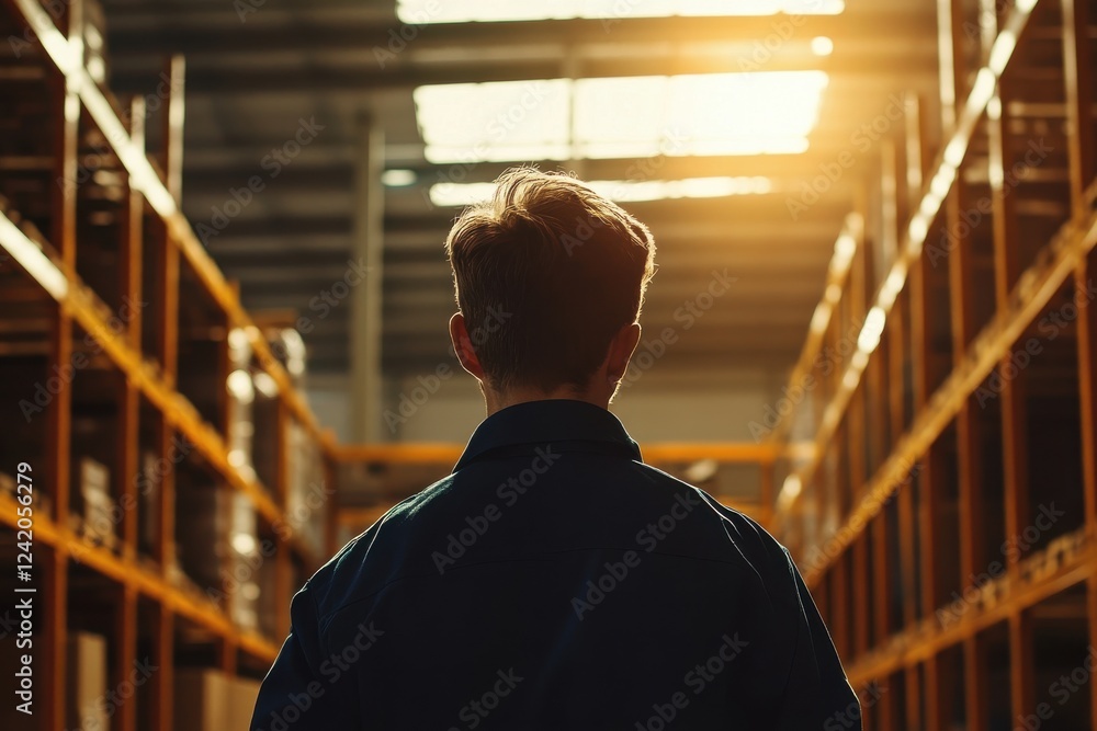 Poster employee in warehouse moving crate under overhead lighting with storage racks in background, capturi