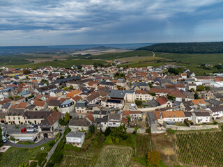 Fototapeta premium Aerial view on green grand cru vineyards near Cramant and Avize, region Champagne, France. Cultivation of white chardonnay wine grape on chalky soils of Cote des Blancs