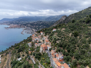 Aerial view on French Riviera, Menton, Monte-Carlo and Monaco and Mediterranean Sea from...