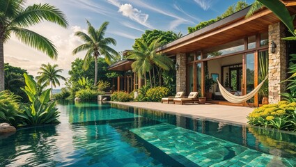 Luxurious villa with tropical landscaping and infinity pool under a clear blue sky