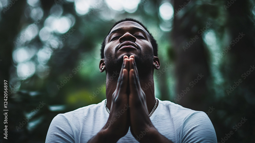 Aufkleber a man with hands pressed together in deep prayer standing in a lush green forest with soft sunlight 