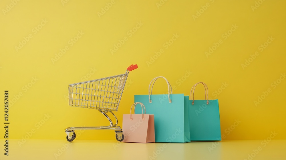 Poster Paper bags and shopping cart on yellow background with empty space for text