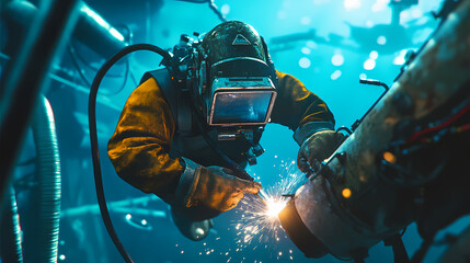 Underwater welding action ocean depths industrial maintenance marine environment diver's perspective innovative techniques. Perspective Depth Techniques. Illustration