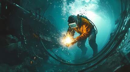 Underwater welding action ocean depths industrial maintenance marine environment diver's perspective innovative techniques. Perspective Depth Techniques. Illustration