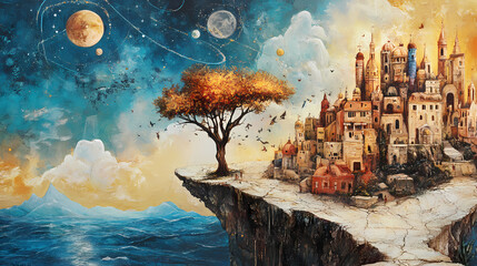 Obraz premium Unique worldview represented through mixed media techniques. Perspective Depth Techniques. Illustration
