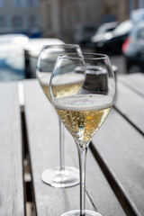 Tasting of brut and reserve grand cru champagne sparkling wine produced by traditional method in Mesnil-sur-Oger in Champagne, France